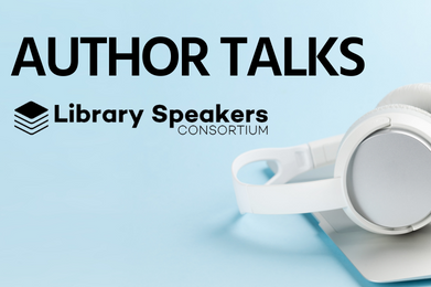 Button for author talks with light blue background and headphones