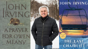 a picture of author John Irving with two of his book covers